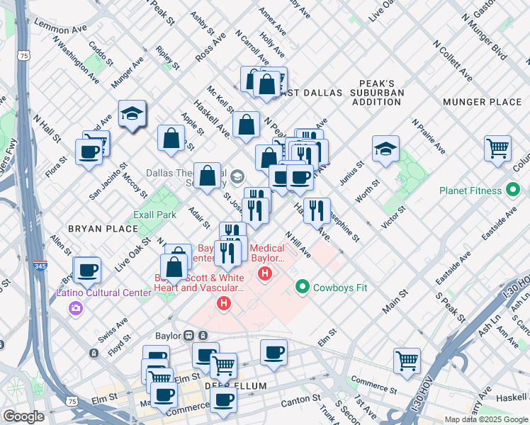map of restaurants, bars, coffee shops, grocery stores, and more near 3911 Gaston Avenue in Dallas