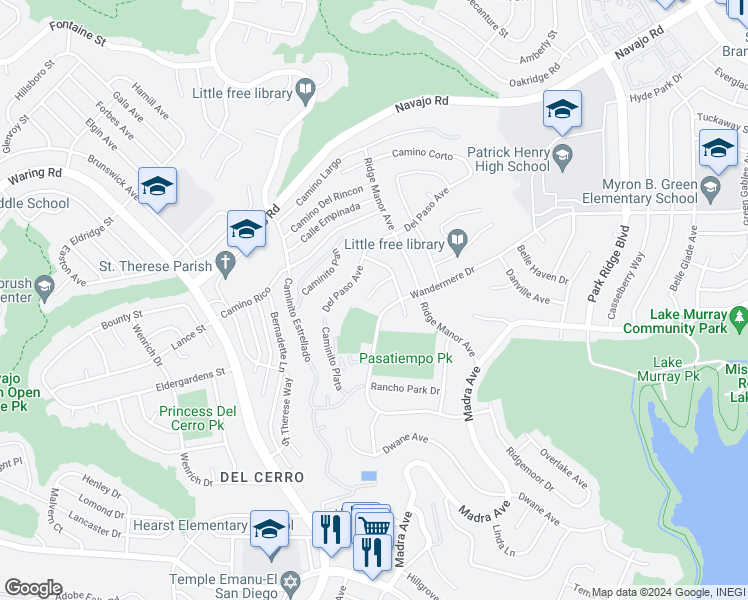 map of restaurants, bars, coffee shops, grocery stores, and more near 6221 Brynwood Court in San Diego