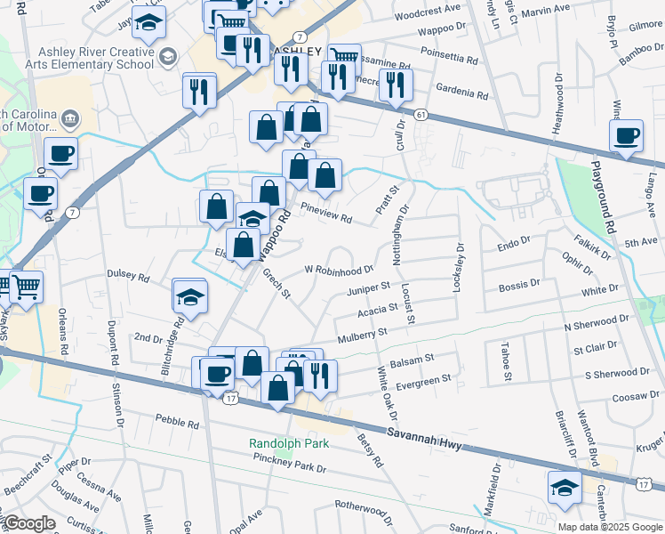 map of restaurants, bars, coffee shops, grocery stores, and more near 1630 West Robinhood Drive in Charleston