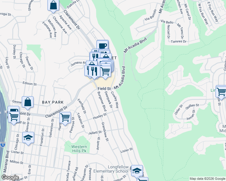 map of restaurants, bars, coffee shops, grocery stores, and more near 2841 Cowley Way in San Diego