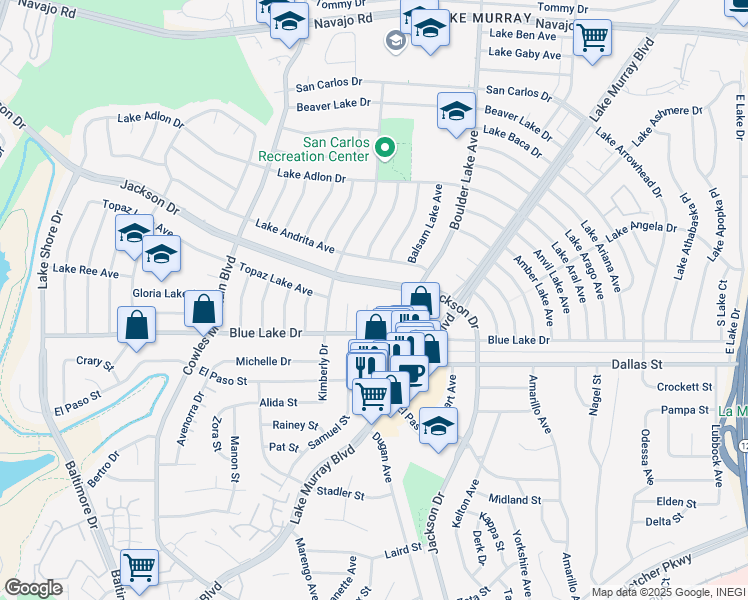 map of restaurants, bars, coffee shops, grocery stores, and more near 6265 Rose Lake Avenue in San Diego