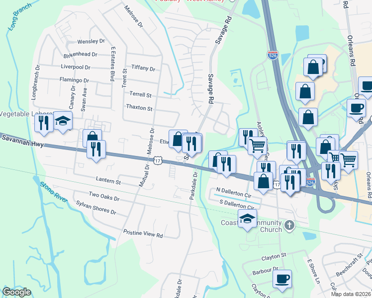 map of restaurants, bars, coffee shops, grocery stores, and more near in Charleston County