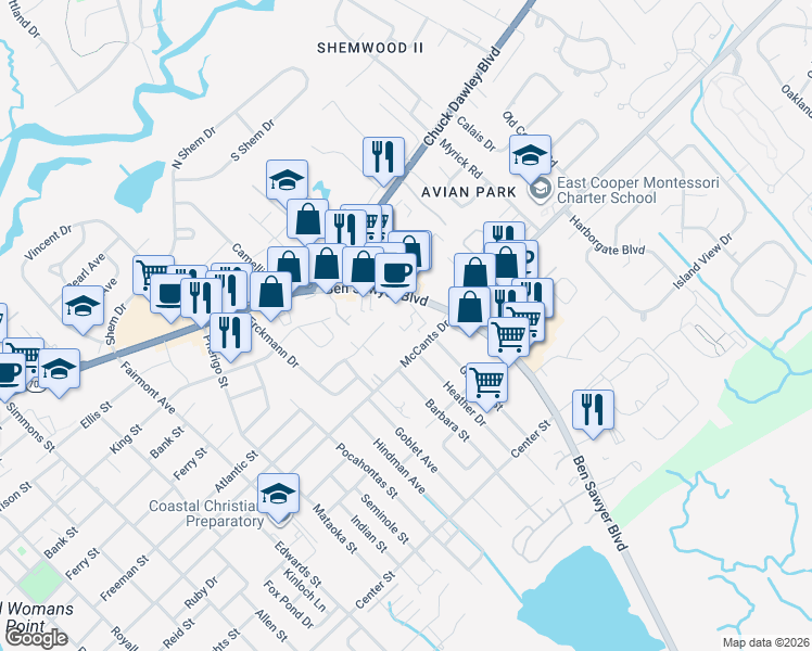 map of restaurants, bars, coffee shops, grocery stores, and more near 965 Warrick Lane in Mount Pleasant