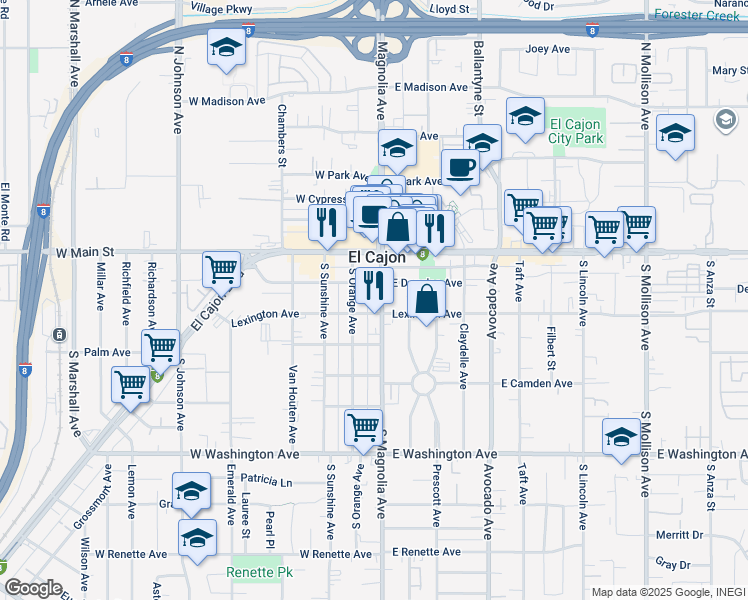 map of restaurants, bars, coffee shops, grocery stores, and more near 290 East Lexington Avenue in El Cajon