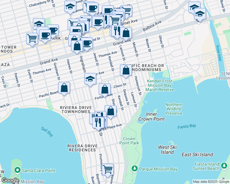 map of restaurants, bars, coffee shops, grocery stores, and more near 1791 Fortuna Avenue in San Diego