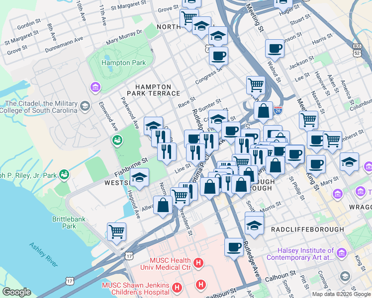 map of restaurants, bars, coffee shops, grocery stores, and more near 20 Nunan Street in Charleston