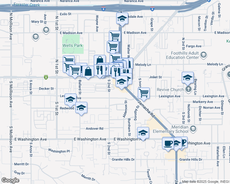 map of restaurants, bars, coffee shops, grocery stores, and more near 255 South 2nd Street in El Cajon