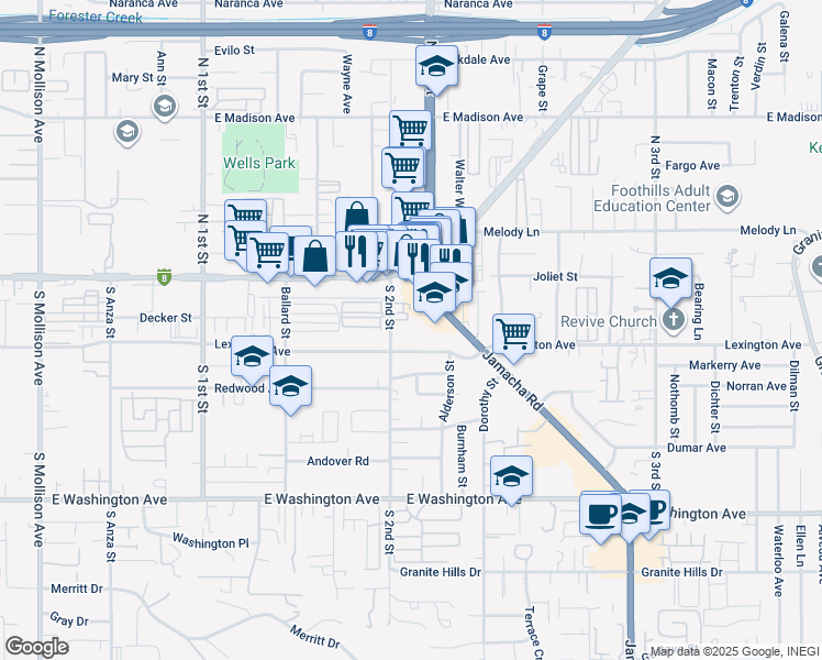 map of restaurants, bars, coffee shops, grocery stores, and more near 255 South 2nd Street in El Cajon