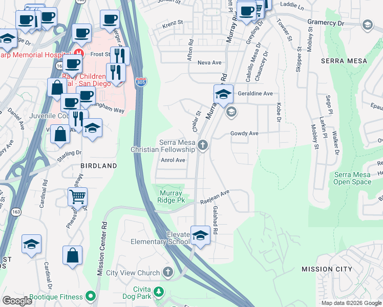 map of restaurants, bars, coffee shops, grocery stores, and more near 2649 Elyssee Street in San Diego
