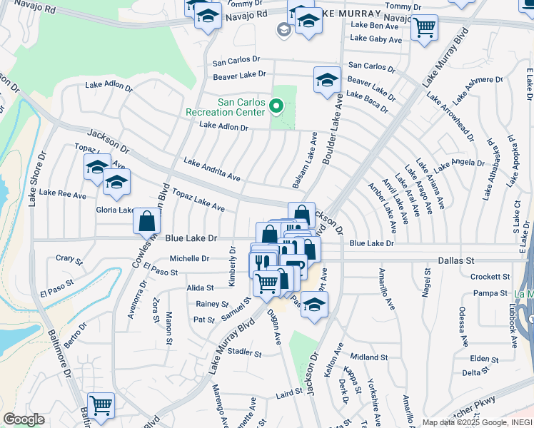 map of restaurants, bars, coffee shops, grocery stores, and more near 6265 Rose Lake Avenue in San Diego