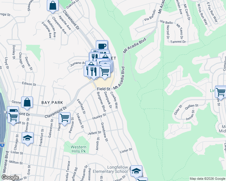 map of restaurants, bars, coffee shops, grocery stores, and more near 2841 Cowley Way in San Diego