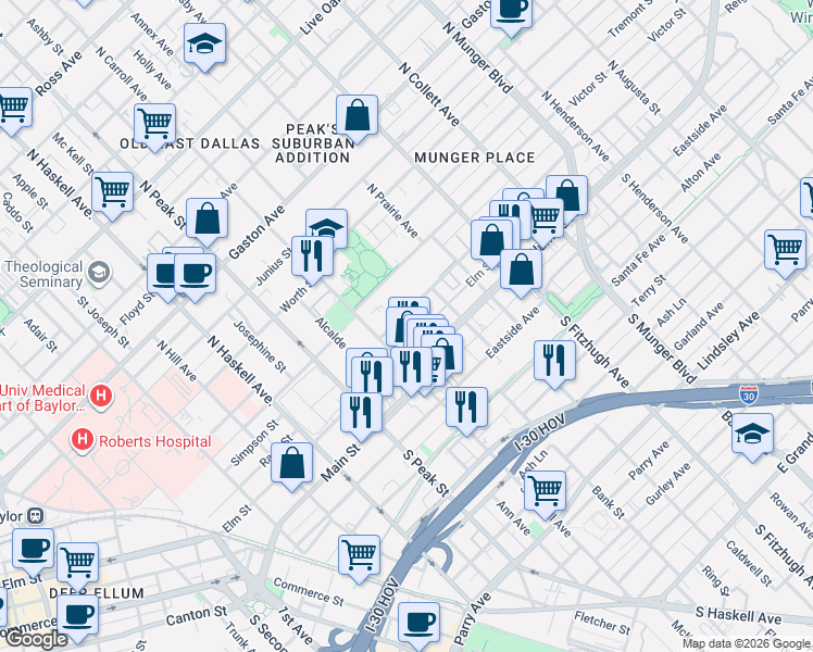 map of restaurants, bars, coffee shops, grocery stores, and more near 4514 Reiger Avenue in Dallas