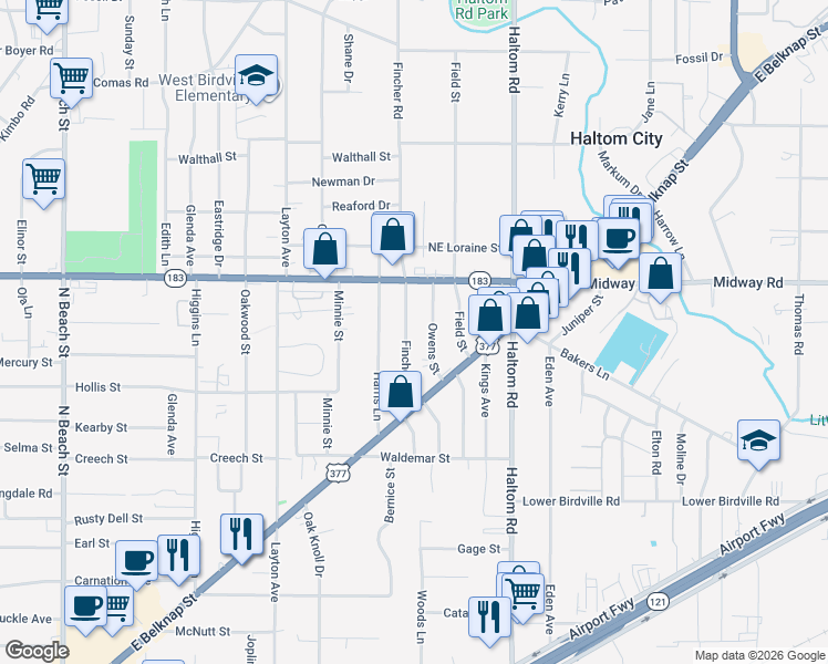 map of restaurants, bars, coffee shops, grocery stores, and more near 2309 Owens Street in Haltom City