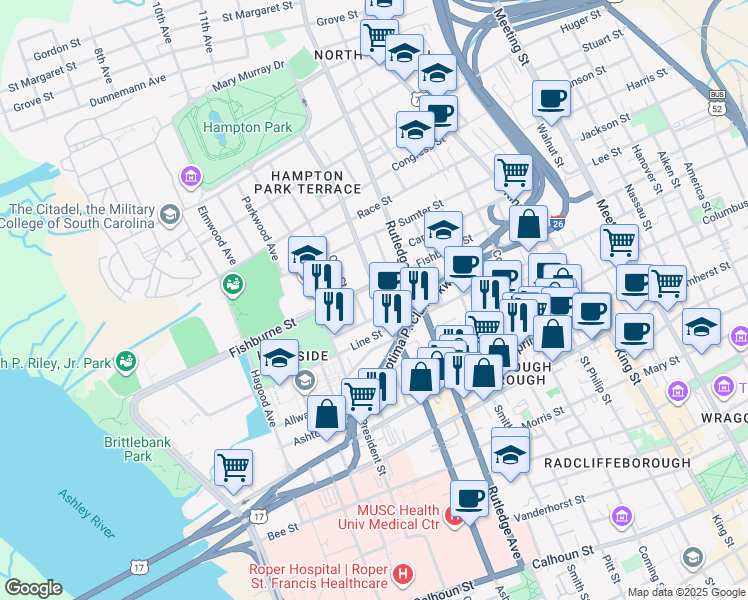 map of restaurants, bars, coffee shops, grocery stores, and more near 295 Ashley Avenue in Charleston