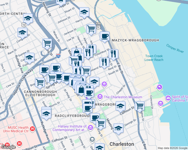 map of restaurants, bars, coffee shops, grocery stores, and more near 58 Reid Street in Charleston