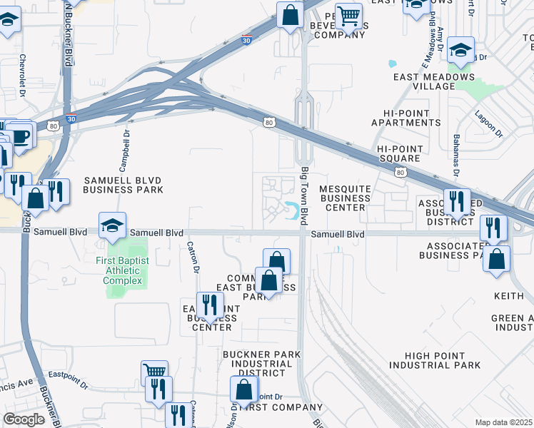 map of restaurants, bars, coffee shops, grocery stores, and more near 4701 Samuell Boulevard in Mesquite