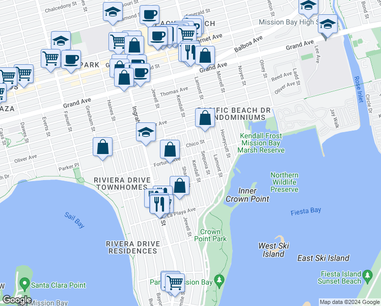 map of restaurants, bars, coffee shops, grocery stores, and more near 1787 Fortuna Avenue in San Diego