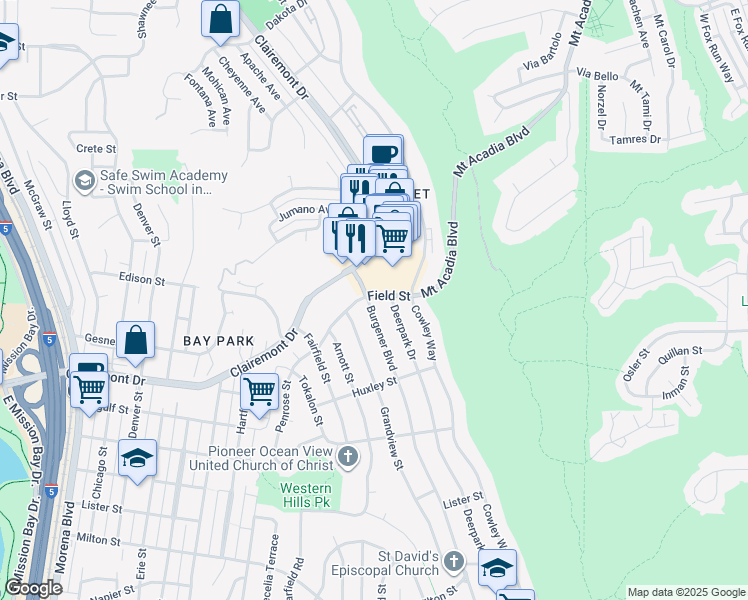 map of restaurants, bars, coffee shops, grocery stores, and more near 2868 Burgener Boulevard in San Diego