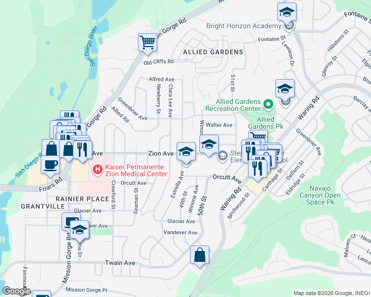 map of restaurants, bars, coffee shops, grocery stores, and more near 6525 Estrella Avenue in San Diego