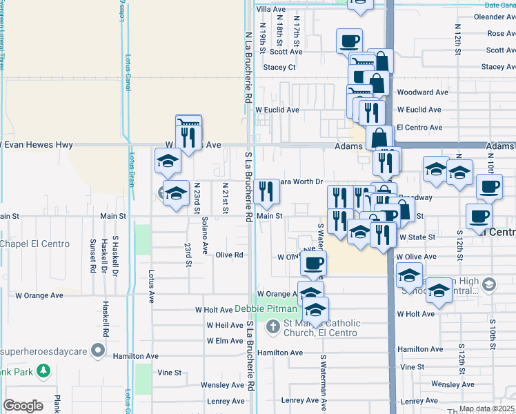 map of restaurants, bars, coffee shops, grocery stores, and more near 202 Main Street in El Centro