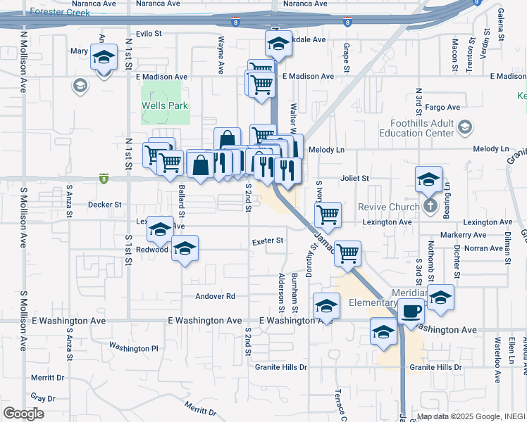 map of restaurants, bars, coffee shops, grocery stores, and more near 1300 East Lexington Avenue in El Cajon