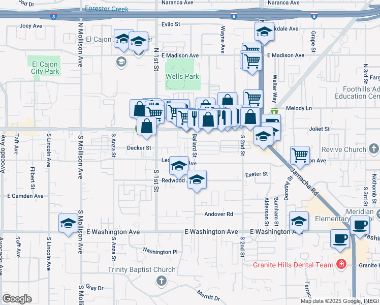 map of restaurants, bars, coffee shops, grocery stores, and more near 290 Ballard Street in El Cajon