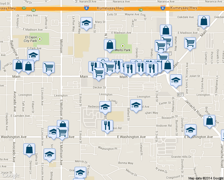 map of restaurants, bars, coffee shops, grocery stores, and more near 1132 East Lexington Avenue in El Cajon