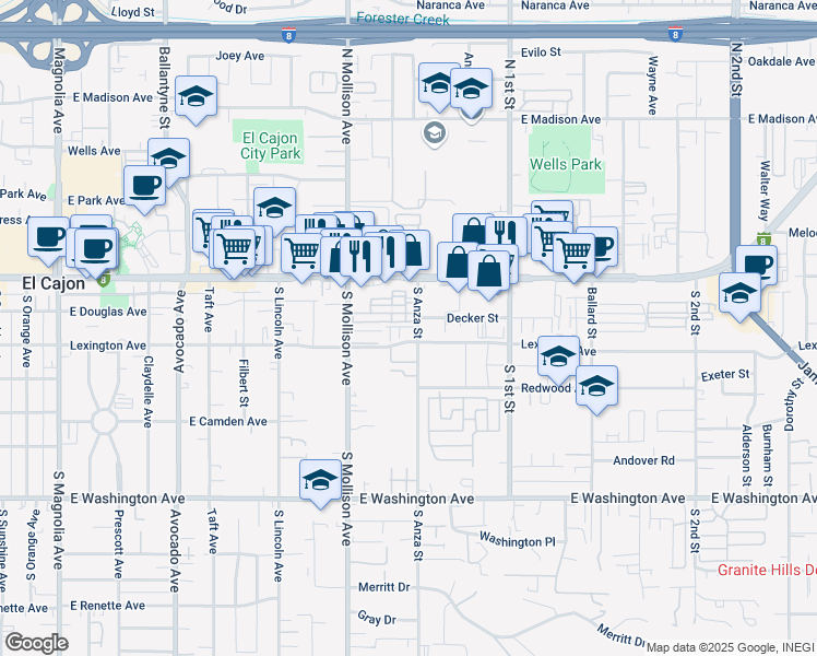 map of restaurants, bars, coffee shops, grocery stores, and more near 240 South Anza Street in El Cajon
