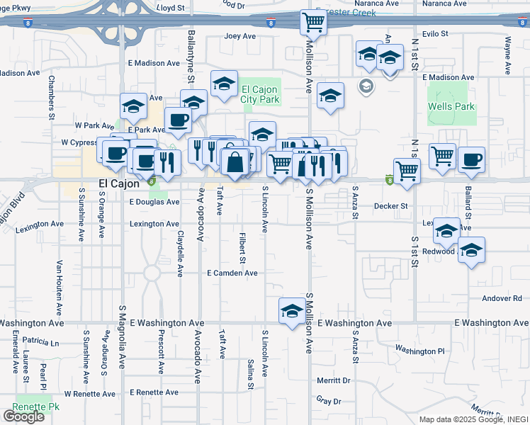map of restaurants, bars, coffee shops, grocery stores, and more near 732 Lexington Avenue in El Cajon