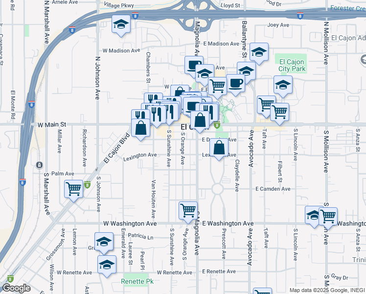 map of restaurants, bars, coffee shops, grocery stores, and more near 208 West Lexington Avenue in El Cajon
