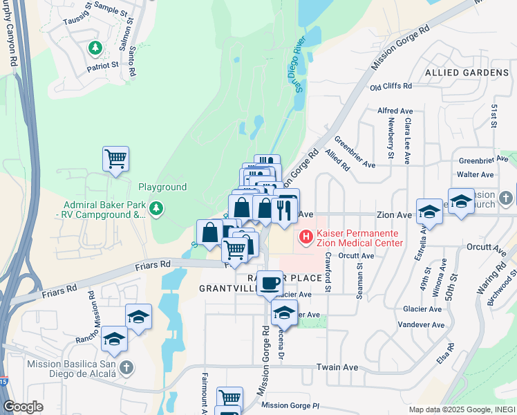 map of restaurants, bars, coffee shops, grocery stores, and more near 6585 Mission Gorge Road in San Diego