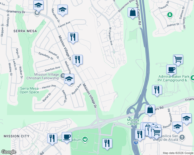 map of restaurants, bars, coffee shops, grocery stores, and more near 9501 Ronda Avenue in San Diego