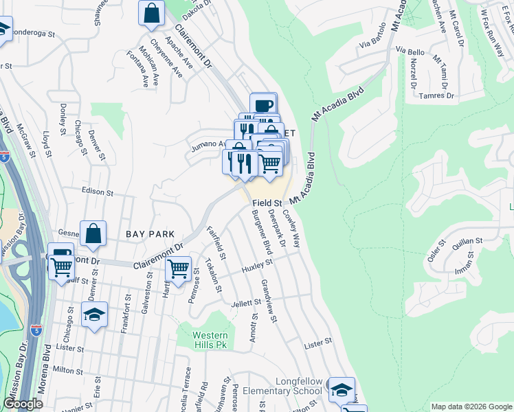 map of restaurants, bars, coffee shops, grocery stores, and more near 2868 Burgener Boulevard in San Diego