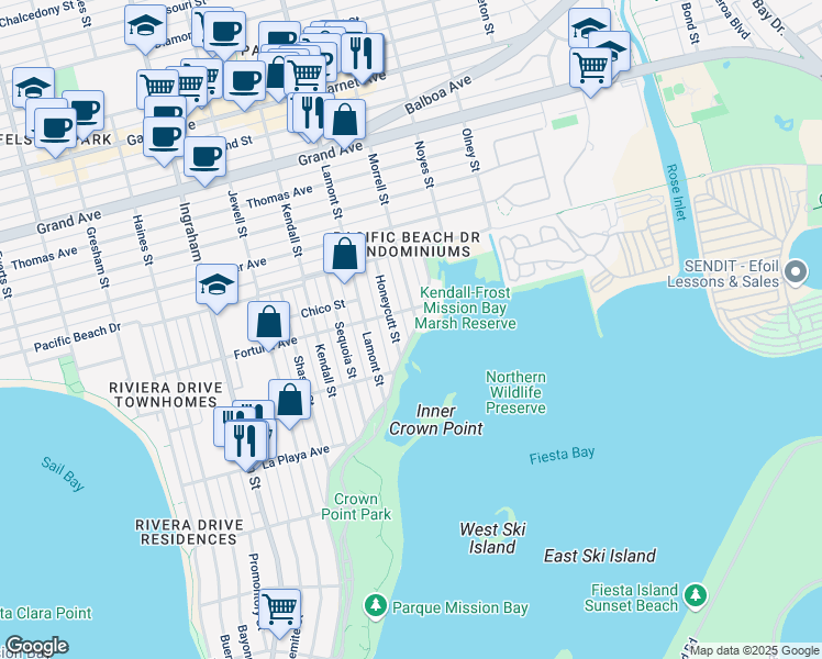 map of restaurants, bars, coffee shops, grocery stores, and more near 3970 Crown Point Drive in San Diego