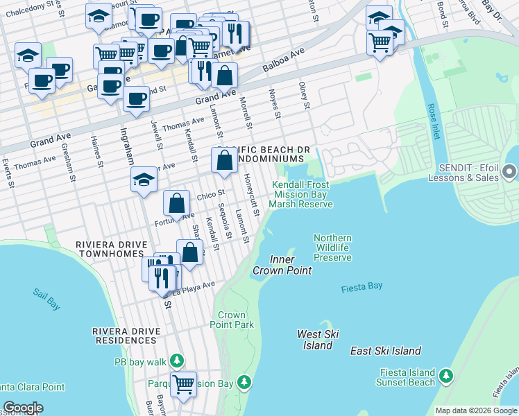 map of restaurants, bars, coffee shops, grocery stores, and more near 3970 Crown Point Drive in San Diego