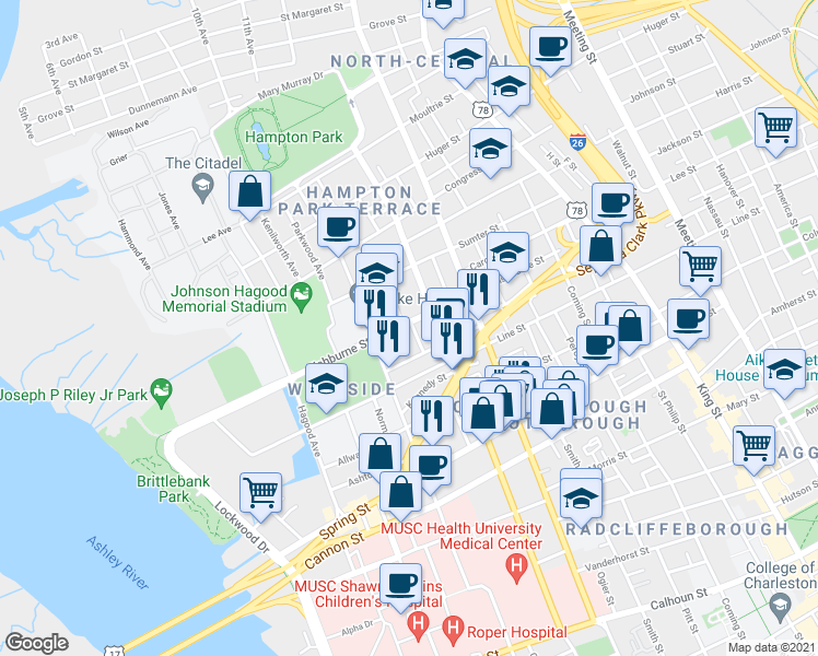 map of restaurants, bars, coffee shops, grocery stores, and more near 13 Killians Street in Charleston