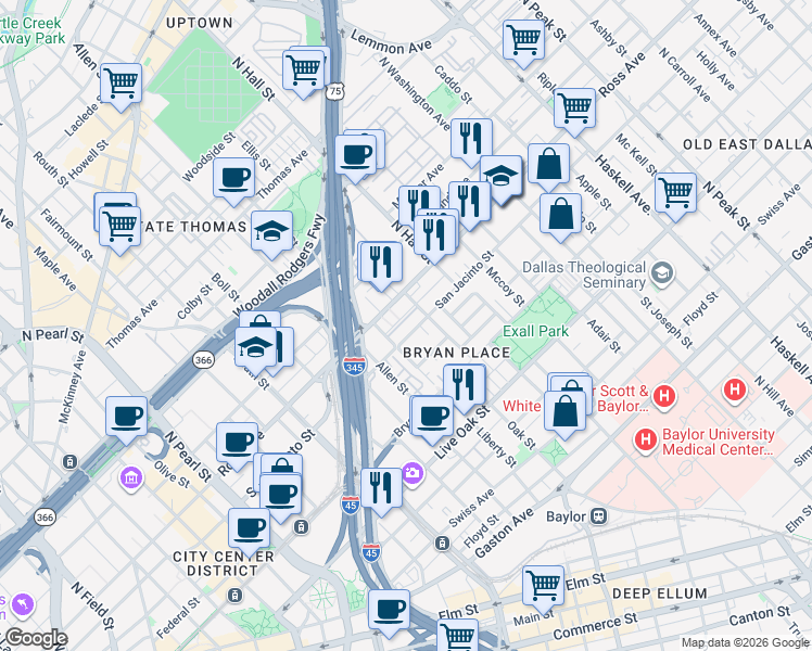 map of restaurants, bars, coffee shops, grocery stores, and more near 3105 San Jacinto Street in Dallas
