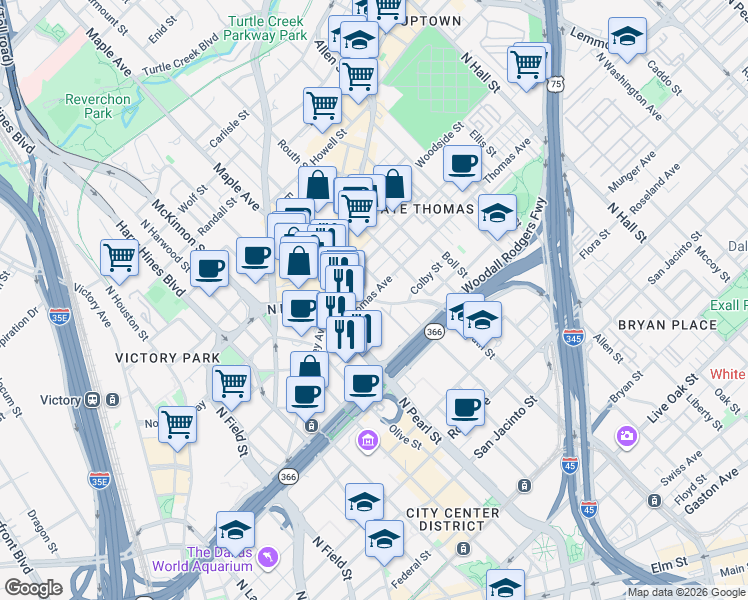 map of restaurants, bars, coffee shops, grocery stores, and more near 7 Maple-Routh Connection in Dallas