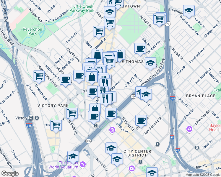 map of restaurants, bars, coffee shops, grocery stores, and more near 7 Maple-Routh Connection in Dallas