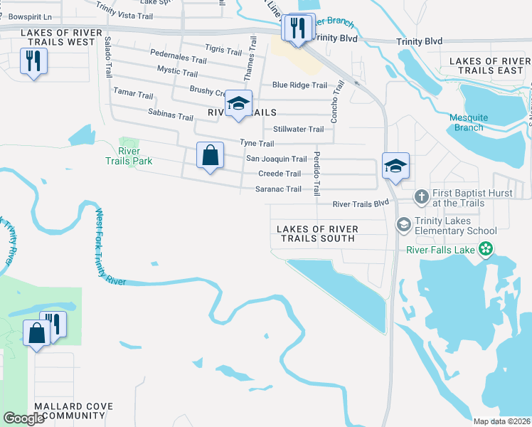 map of restaurants, bars, coffee shops, grocery stores, and more near 8950 Rushing River Drive in Fort Worth