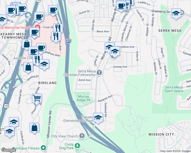 map of restaurants, bars, coffee shops, grocery stores, and more near 8696 Anrol Avenue in San Diego