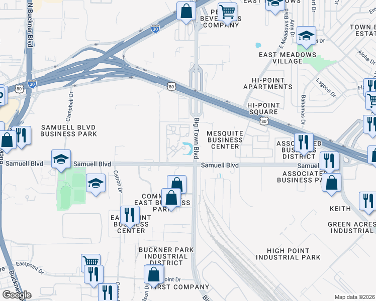 map of restaurants, bars, coffee shops, grocery stores, and more near 4709 Samuell Boulevard in Mesquite