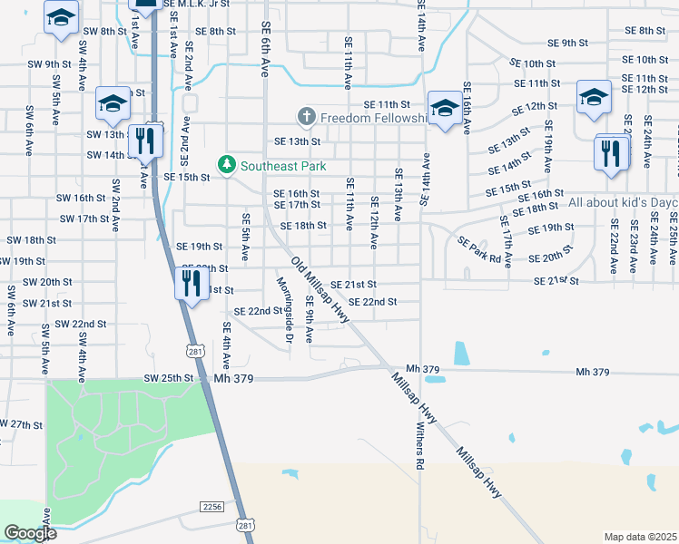 map of restaurants, bars, coffee shops, grocery stores, and more near 1001 Southeast 21st Street in Mineral Wells