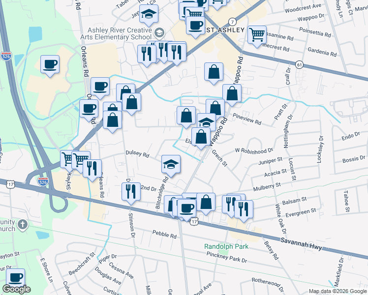map of restaurants, bars, coffee shops, grocery stores, and more near 941 Lasalle Avenue in Charleston