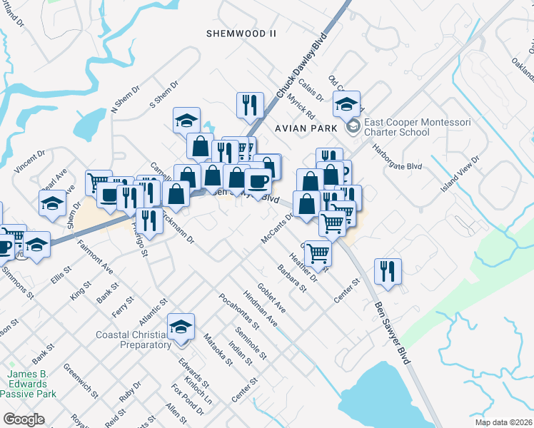 map of restaurants, bars, coffee shops, grocery stores, and more near 965 Warrick Lane in Mount Pleasant