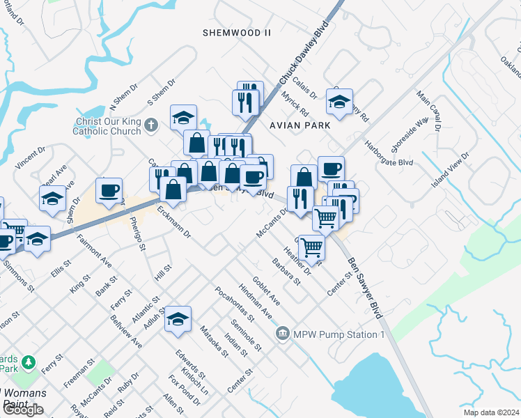 map of restaurants, bars, coffee shops, grocery stores, and more near 1317 Warrick Lane in Mount Pleasant