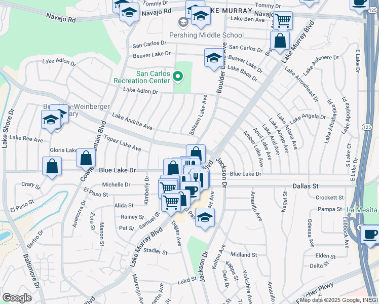 map of restaurants, bars, coffee shops, grocery stores, and more near 6404 Jackson Drive in San Diego