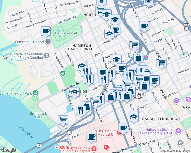 map of restaurants, bars, coffee shops, grocery stores, and more near 13 Killians Street in Charleston