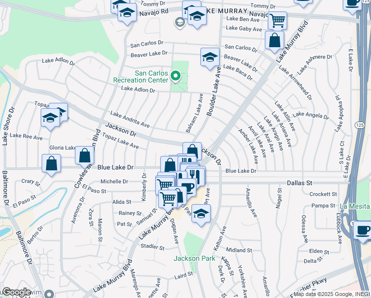map of restaurants, bars, coffee shops, grocery stores, and more near 6404 Jackson Drive in San Diego