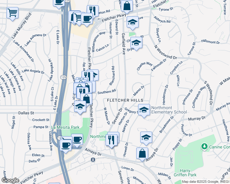 map of restaurants, bars, coffee shops, grocery stores, and more near 9243 Southern Road in La Mesa